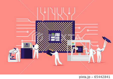 Manufacture of Semiconductors Process. Manufacturing Facility Team of Scientist Characters in Protective Coverall 65442841