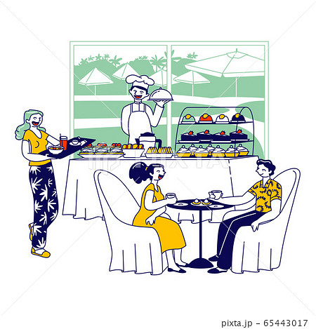 Hotel Staff Serving Breakfast, People Eating in Hotel Restaurant. Chef Character Stand at Table with Meals for Guests Hotel Staff Serving Breakfast, People Eating in Hotel Restaurant. Chef Character Stand at Table with Meals for Guests 65443017