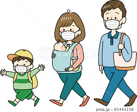 マスクをつけて外出する家族のイラスト素材