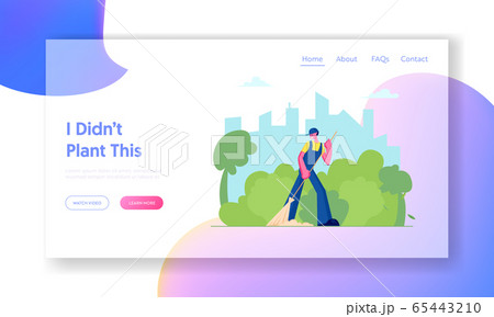 Cleaning Service Activity Website Landing Page. Woman Janitor Street Cleaner Holding Broom Sweeping Lawn from Fallen Leaves in City Park Landscape Web Page Banner. Cartoon Flat Vector Illustration 65443210