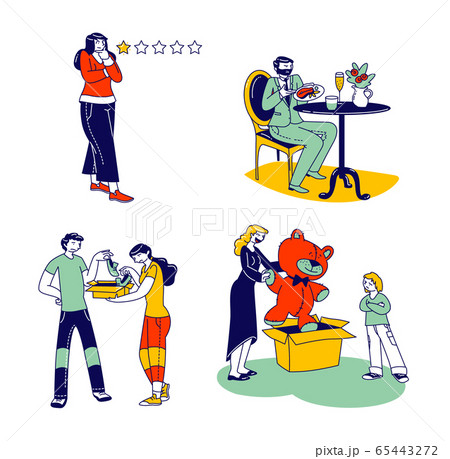 Unsatisfied Customers Concept. Woman Review of Service Quality with Sad Face and One Rank Star Unsatisfied Customers Concept. Woman Review of Service Quality with Sad Face and One Rank Star 65443272