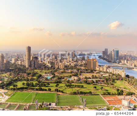 Cairo downtown, Gezira island, the football fields, the Nile and the building view, Egypt 65444204