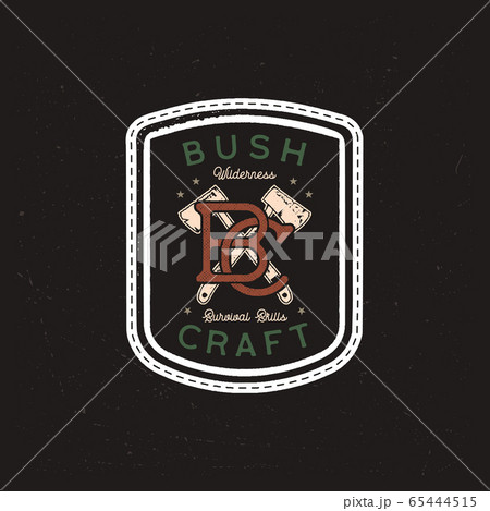 Vintage camp patch logo, bush craft badge. Hand drawn sticker design. Travel expedition, wildlife, backpacking label. Outdoor wanderlust emblem with axes. Stock vector. 65444515