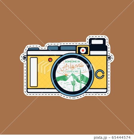Vintage adventure badge patch with mountains, cactus, desert inside the camera and quote - Someone in Arizona loves me. Camping retro label. Stock vector Vintage adventure badge patch with mountains, cactus, desert inside the camera and quote - Someone in Arizona loves me. Camping retro label. Stock vector 65444574