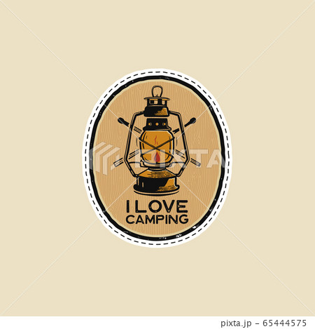 Vintage camp patches logo, mountain badge. Hand drawn sticker design. Travel expedition, backpacking label. Outdoor emblem - I love camping quote. Stock vector. 65444575