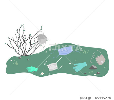 Dirty used medical masks and gloves lying on the ground, grass on background. Coronavirus quarantine as a pollution problem. 65445270