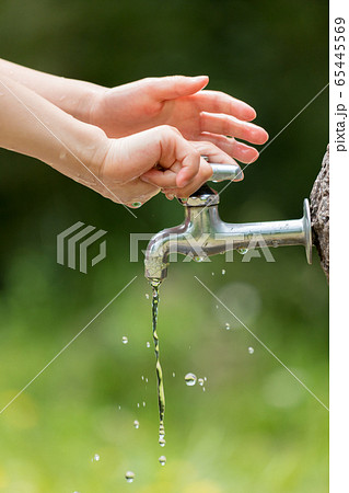 夏の公園で手を洗う子供の写真素材