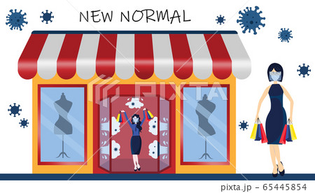 New normal after COVID-19 pandemic concept. People wear sanitary mask and face shield walking in the automatic EM disinfection door in a shop to prevention from disease outbreak. 65445854