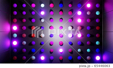 Abstract composition of colorful balls in plane, which randomly light up and reflect in each other. Multicolored spheres like leds as simple geometric dark background with light effects. 65446063