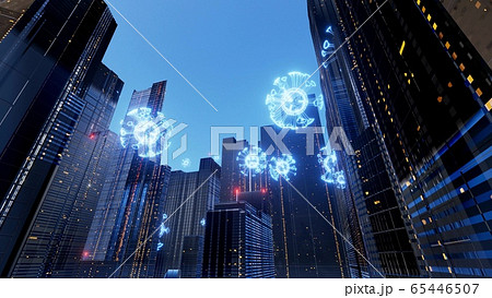 quarantined large city concept, coronavirus of the Covid-19 type or flu fly over the city among skyscrapers as if shooting from a drone. 3D render Holographic model of the virus 65446507