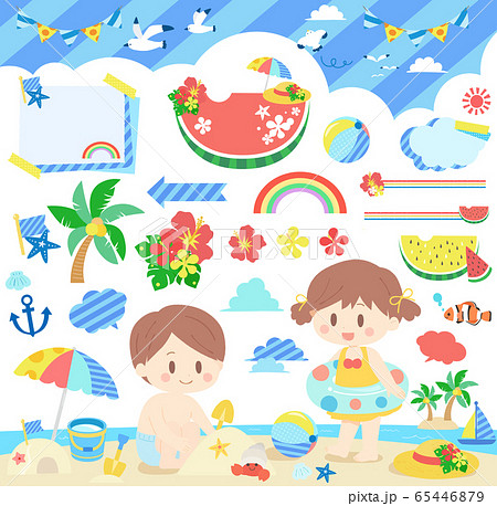 かわいい子供の海の日総合セット 背景 パーツ フレームのイラスト素材