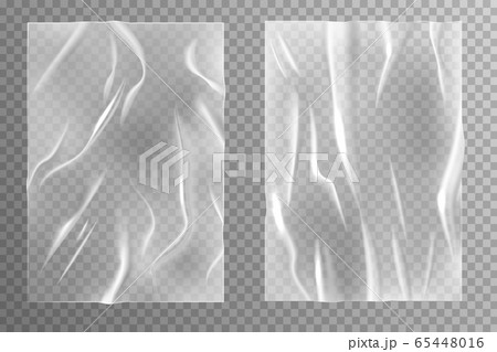Glued paper. Wrinkled and creased sheets texture, blank crumpled poster, wet creasy transparent plastic realistic vector template 65448016