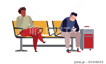 People in airport. Arrival waiting room or departure lounge with tourists and business travel man vector concept 65448043