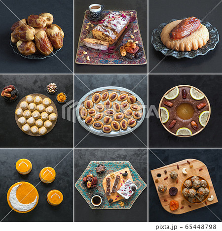 Food collage with Arabic sweets made from dates Food collage with Arabic sweets made from dates 65448798
