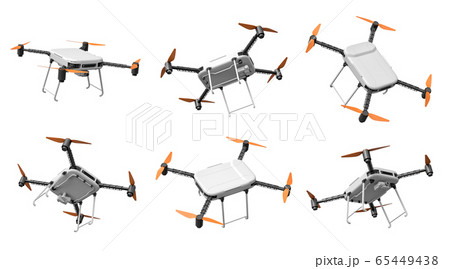 3d rendering of a set of 6 drones with cameras, shown from different angles on white background. 3d rendering of a set of 6 drones with cameras, shown from different angles on white background. 65449438