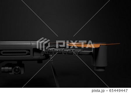 3d close-up rendering of front part of black drone with camera on dark gray gradient background. 65449447