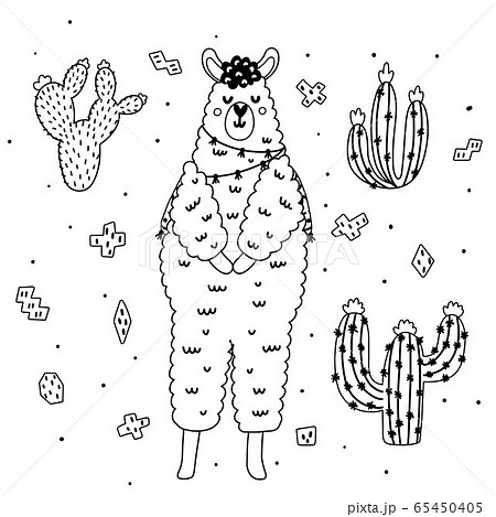 Coloring page with cute llama and cactuses 65450405