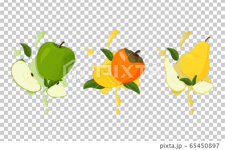 Set of fresh fruits with splashes. Persimmon, apple and pear with green leaves. 65450897