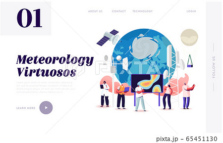 Meteorology Landing Page Template. Tiny Characters around of Huge Earth Globe. Workers Set Up Equipment 65451130