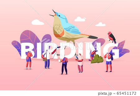 Birding Concept. Group of Friends Characters Camping and Hiking Using Binoculars Watching Bird Birding Concept. Group of Friends Characters Camping and Hiking Using Binoculars Watching Bird 65451172