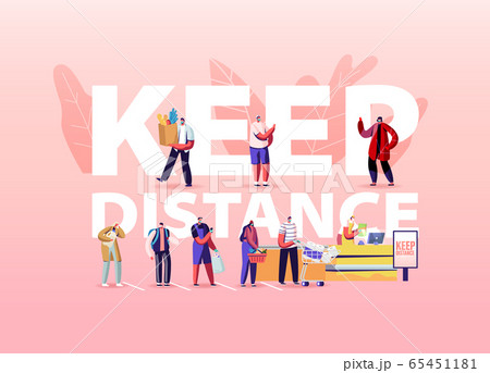 Keep Distance Concept. Customers Characters in Medical Masks Stand in Line at Grocery with Goods in Shopping Trolley 65451181