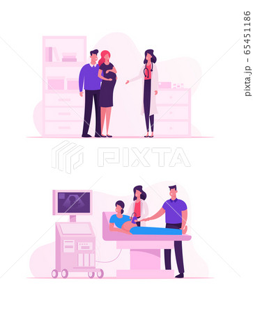 Doctor Doing Ultrasound Fetus Screening Checkup in Clinic. Pregnant Woman and Husband Couple Visit Hospital Doing Baby Belly Sonography Scan Looking at Machine Screen. Cartoon Flat Vector Illustration 65451186