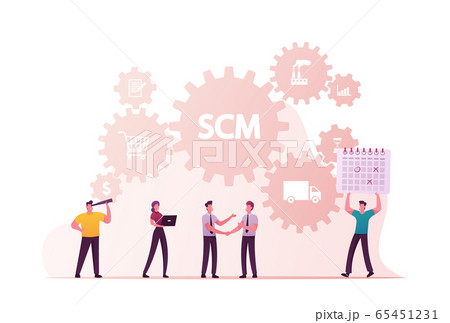SCM, Supply Chain Management Concept. Business Characters Car Logistic and Cargo Transportation Steps 65451231