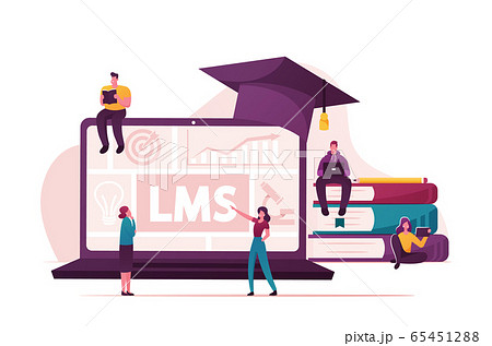 Lms, Learning Management System Concept. Tiny Male and Female Characters around of Huge Laptop with Graphs Lms, Learning Management System Concept. Tiny Male and Female Characters around of Huge Laptop with Graphs 65451288