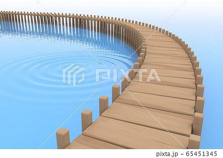 カーブしている桟橋 長い橋 波紋 3dイラストのイラスト素材