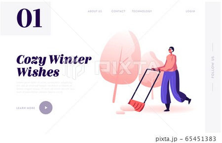 Christmas Holidays Activity and Outdoors Work Website Landing Page. Hardworking Woman Cleaning Road from Snow with Big Shovel after Winter Snowfall Web Page Banner. Cartoon Flat Vector Illustration 65451383