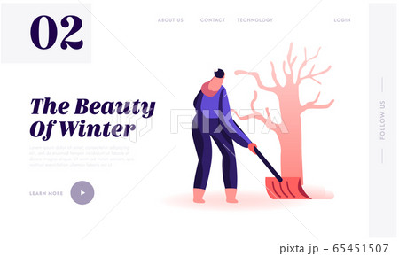 Winter Vacation Spare Time Website Landing Page. Young Woman Holding Big Spade Working Outdoors Cleaning Ground Covered with Deep Snow after Blizzard Web Page Banner. Cartoon Flat Vector Illustration 65451507
