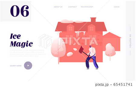Winter Season Climate Website Landing Page. Man in Warm Clothes Working with Shovel Cleaning House Backyard Territory from Snow at Wintertime in Suburb Web Page Banner Cartoon Flat Vector Illustration 65451741