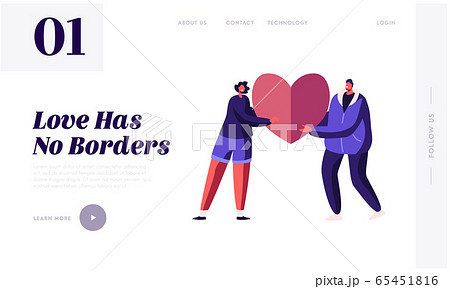 Valentines Day Dating Website Landing Page. Loving Couple Share Huge Red Heart to Each Other. Romantic Relations Love. Young Man and Woman Spend Time Web Page Banner. Cartoon Flat Vector Illustration 65451816
