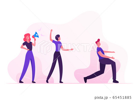 Social Media Marketing Teamwork Cooperation. People Group Stand in Row Gesturing with Hands under Management of Woman Leader Crying to Megaphone. Influencer Promotion Cartoon Flat Vector Illustration 65451885