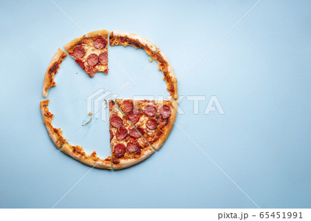 Pizza pepperoni top view on blue background Pizza pepperoni top view on blue background 65451991