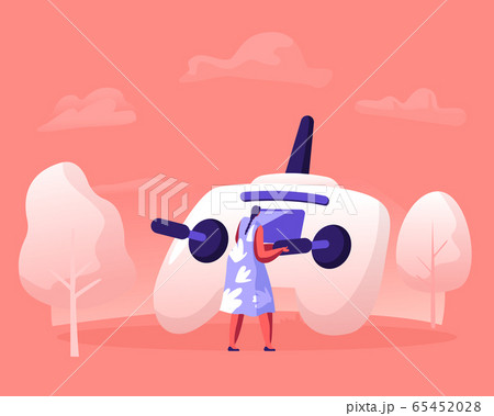 Young Woman Holding Telecontrol Pad in Hands for Navigating Flying Drone with Remote Control Girl Having Fun in Countryside with Quadcopter Playing and Taking Pictures Cartoon Flat Vector Illustration 65452028