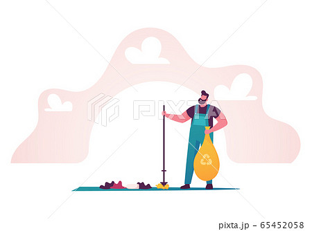 Recycling, Ecology Protection Concept. Man Removing Trash from Ground. Male Character Cleaning Earth Surface Recycling, Ecology Protection Concept. Man Removing Trash from Ground. Male Character Cleaning Earth Surface 65452058