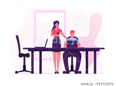 Businesswoman with Coffee Cup in Hand Stand near Man Sitting at Desk Working on Laptop in Office. Company Employees Routine Teamwork Process. Colleagues Communicate Cartoon Flat Vector Illustration 65452059