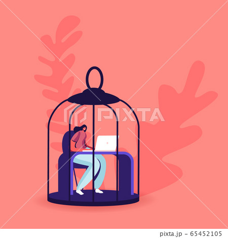 Female Character Sitting in Hanging Metal Birds Cage Working on Laptop Dream to Escape during Covid19 Quarantine Female Character Sitting in Hanging Metal Birds Cage Working on Laptop Dream to Escape during Covid19 Quarantine 65452105