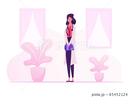 Female Doctor in Medical Robe with Stethoscope Holding Notebook in Hands Stand in Clinic Chamber. Hospital Healthcare Staff at Work. Medicine Profession, Occupation. Cartoon Flat Vector Illustration 65452124
