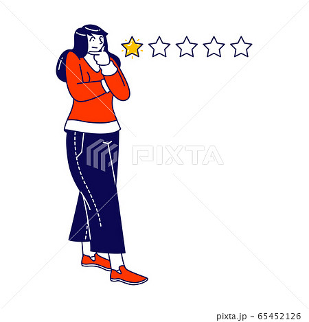Disappointed Female Character Put One Star for Service Rating. Confused Woman Consumer Leave Bad Negative Feedback Disappointed Female Character Put One Star for Service Rating. Confused Woman Consumer Leave Bad Negative Feedback 65452126