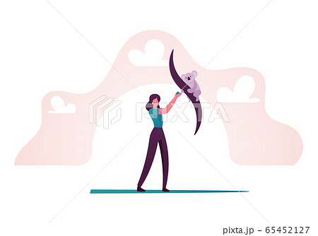 Female Character Eco Activist or Volunteer Feeding Koala on Tree Branch. Woman Care of Nature, Biodiversity Female Character Eco Activist or Volunteer Feeding Koala on Tree Branch. Woman Care of Nature, Biodiversity 65452127