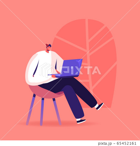 Young Man Study Foreign Language, Prepare for Exam, Freelancer Work Distant. Male Character with Laptop Sit on Chair 65452161