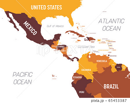 Central America map - brown orange hue colored on dark background. High detailed political map Central American and Caribbean region with country, ocean and sea names labeling 65453387