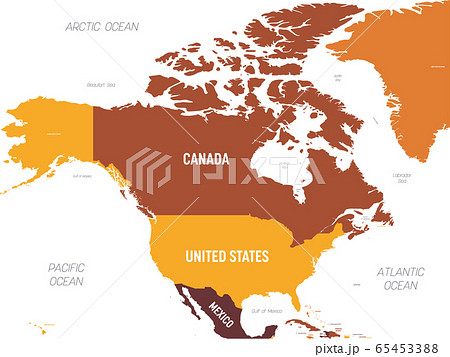 North America map - brown orange hue colored on dark background. High detailed political map North American continent with country, ocean and sea names labeling North America map - brown orange hue colored on dark background. High detailed political map North American continent with country, ocean and sea names labeling 65453388