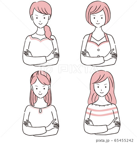 手描き1color 腕組みをする笑顔の女性4人のイラスト素材