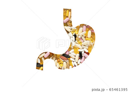 Stomach with pills, on white background. Stomach with pills, on white background. 65461395