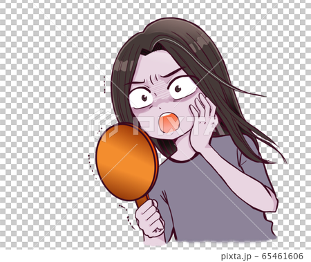 手鏡で自分の容姿に驚く女性のイラスト素材