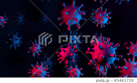 Coronavirus COVID-19 3D illustration with red and blue contagious virus cells on abstract dark scientific background for news header. 3D illustration Coronavirus COVID-19 3D illustration with red and blue contagious virus cells on abstract dark scientific background for news header. 3D illustration 65461720