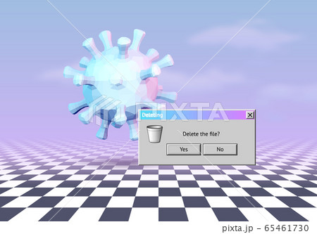 Coronavirus poster in vaporwave style with deletion window and yes or no request. Dialogue window in retro computer style over COVID-19 model 65461730